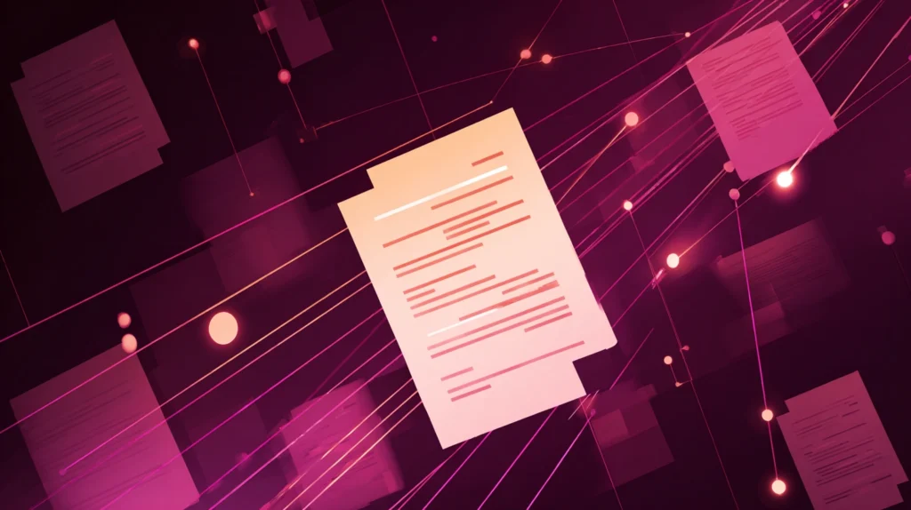 Abstract illustration of a structured document floating in a deep plum network — representing llms.txt as a curated guide for AI models