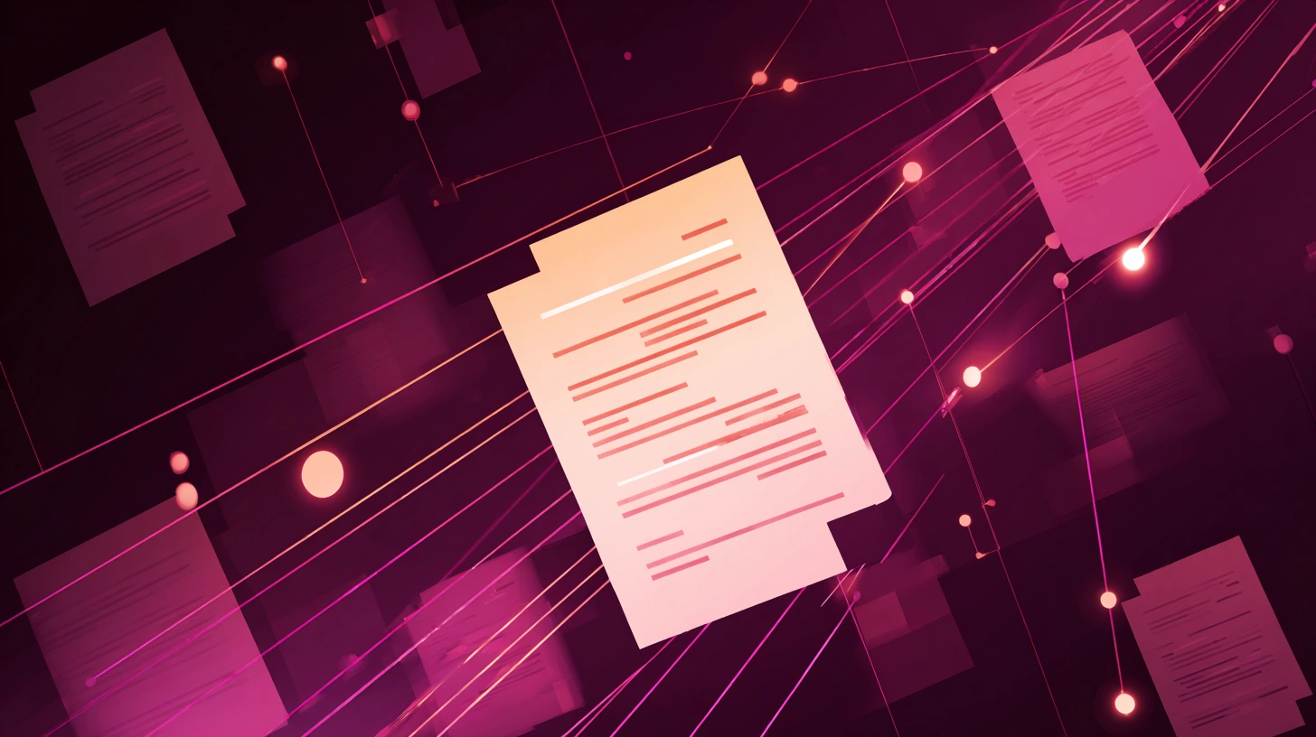 Abstract illustration of a structured document floating in a deep plum network — representing llms.txt as a curated guide for AI models