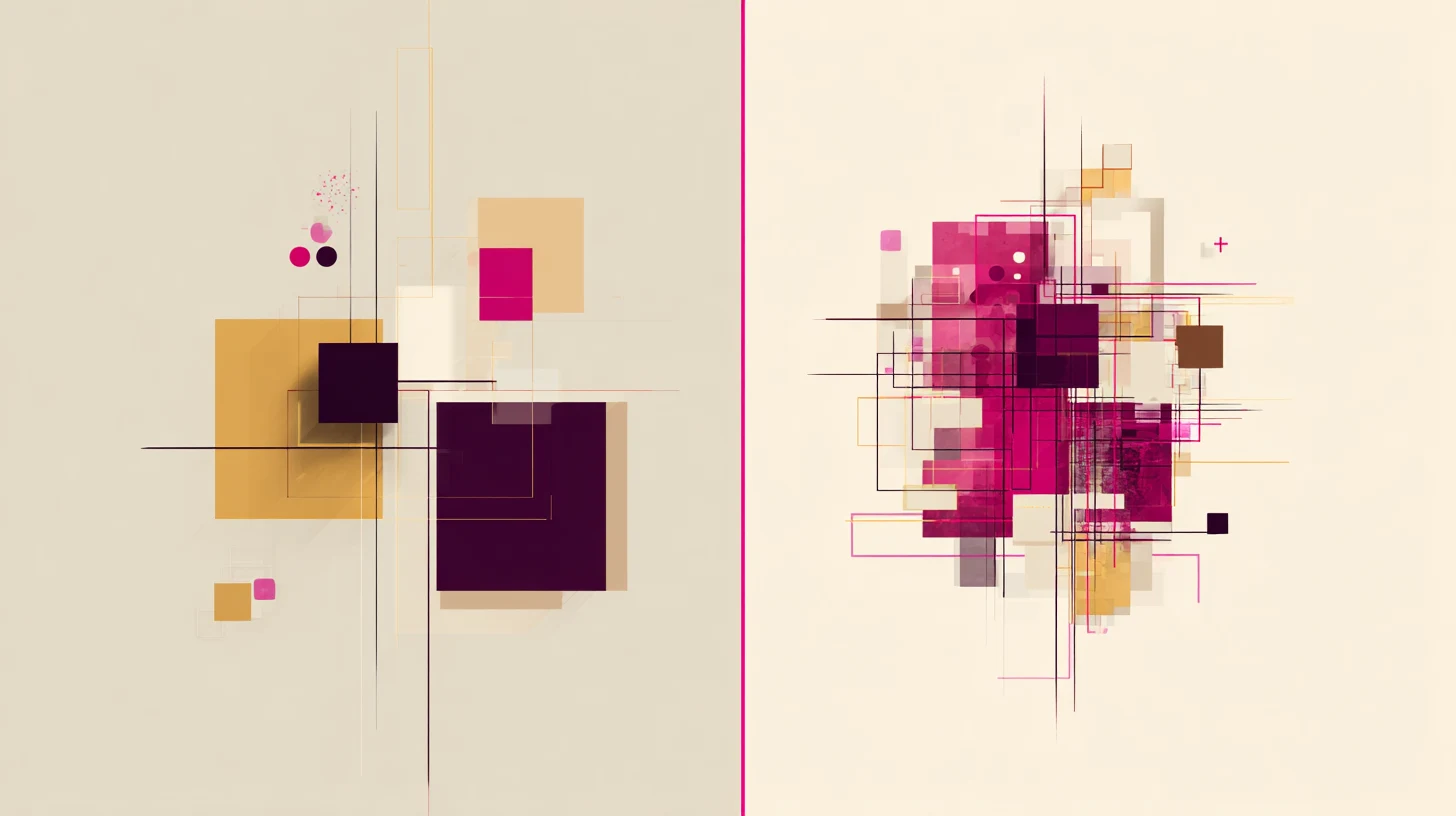 Abstract illustration contrasting clean structured code blocks with tangled chaotic markup on a deep plum background — representing custom WordPress versus page builder output