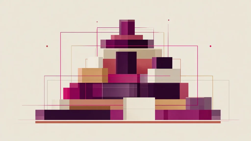 Abstract illustration of a clean structural foundation being laid beneath a geometric site architecture — representing SEO built into a WordPress site from the ground up