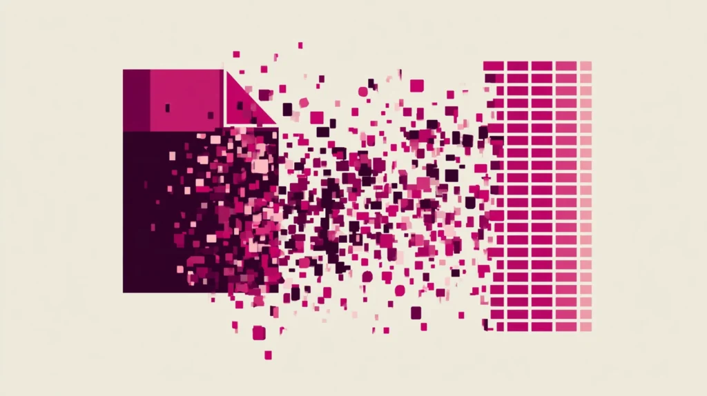Abstract illustration of a document file with a crossed-out symbol next to a clean structured menu page on a deep plum background, representing PDF menus versus HTML menus for restaurants