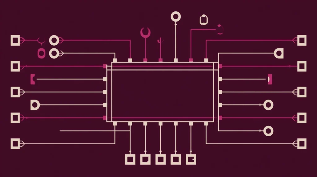 Abstract illustration of geometric shapes with structured label connections on a deep plum background — representing schema markup communicating meaning to search engines